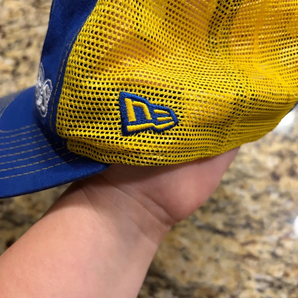 New Era Golden State Warriors Youth Trucker Hat Blue Yellow NBA 9TWENTY Cap